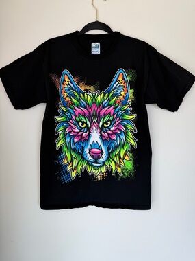 Vintage Thessh Neon Graphic Wolf T-shirt Rave Festival Short Sleeve